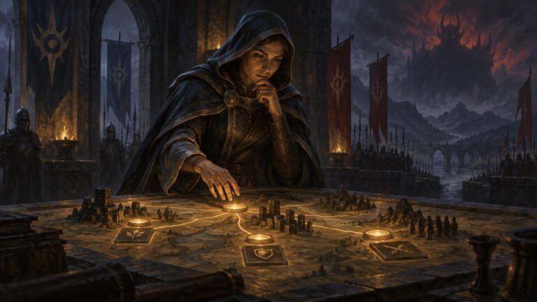 A hooded strategist studies a glowing tabletop battlefield marked with miniature buildings, tokens, and card-like markers, with soldiers, banners, and a dark fortress landscape behind him.