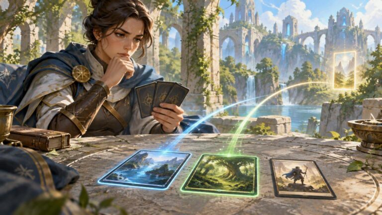 Painterly fantasy scene of a thoughtful cloaked woman holding three cards at a stone table, with two glowing landscape cards in front of her and sunlit ruins, waterfalls, and towers behind.