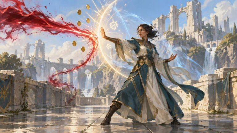 Painterly fantasy scene of a robed woman raising a glowing circular shield to block a swirling red magical attack amid sunlit white ruins and waterfalls.