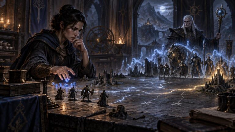 A dark-haired mage studies a glowing tabletop battlefield while a white-haired opposing mage stands behind spectral soldiers, armored figures, and a lion-like creature beneath a moonlit castle.