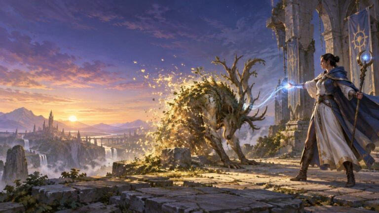 Painterly fantasy scene of a robed mage using blue magic to dissolve a horned tree-like creature on a ruined stone terrace at sunset, with a distant city and waterfalls behind them.