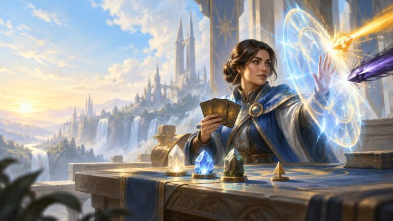Bright painterly fantasy scene of a blue-robed mage holding three cards and casting a glowing shield against orange and purple magical bolts, with crystal pieces on a table and a sunlit castle city behind her.
