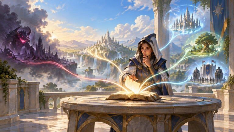 Painterly fantasy scene of a hooded mage consulting a glowing open book on a stone table, with colored magical trails leading toward a dark fortress, a bright castle, a tree-covered realm, and a guarded citadel in the distance.