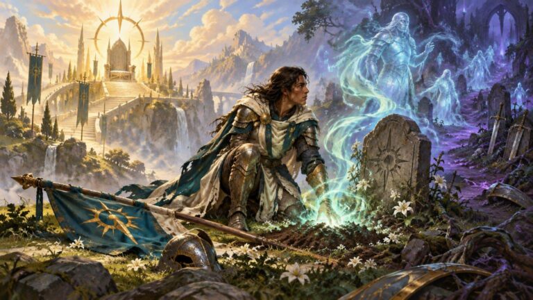 Armored fantasy commander kneels beside a glowing grave, between a sunlit citadel and a purple ghost-filled cemetery.